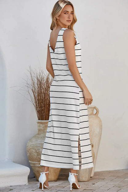 stripe print open back maxi dress