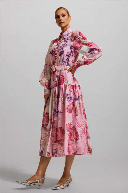 Floral Shirt Collar Midi Dress With Belt