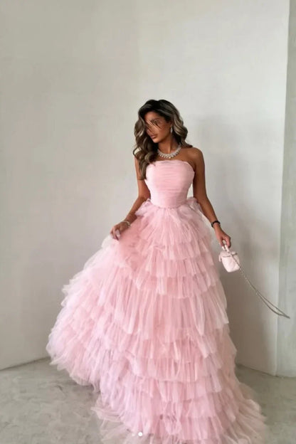 Pink Hand-pleated Tulle Multi-layer Prom Dresses