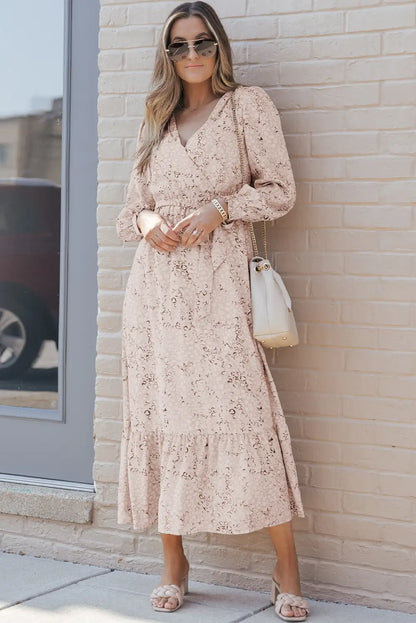 leopard surplice neck bubble sleeve maxi dress cheetah