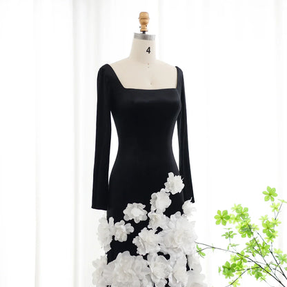 3D Flowers Black Velvet Strapless Evening Dress with Gloves