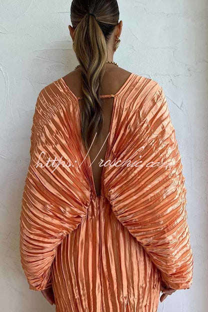 Sculpturally Luxurious Kimono Sleeve Pleated Cocoon Maxi Dress