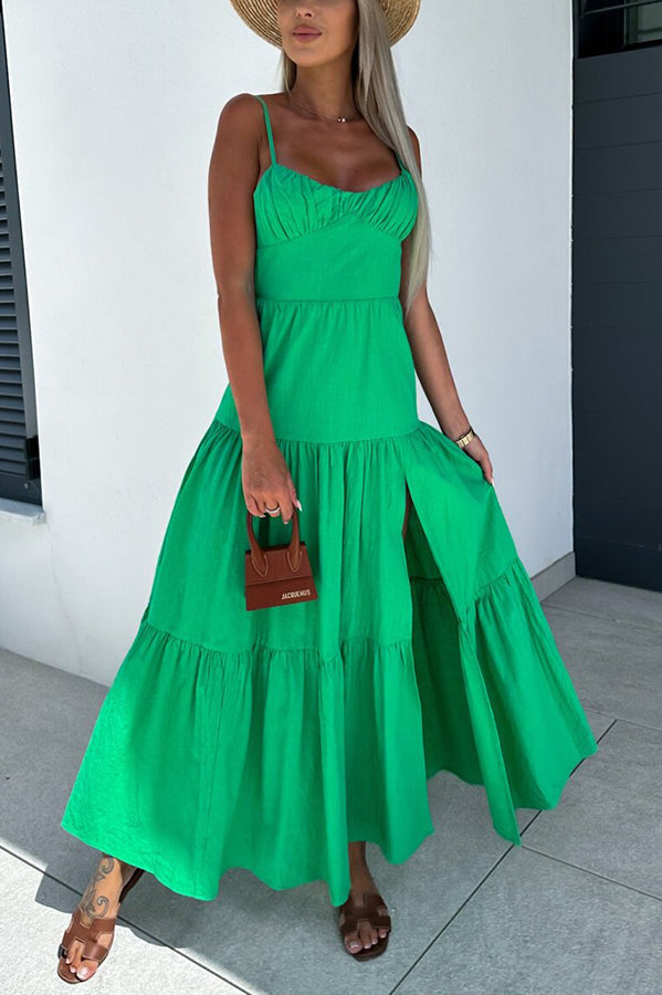 Charming Endearment Linen Blend Tiered Back Lace-up Maxi Dress