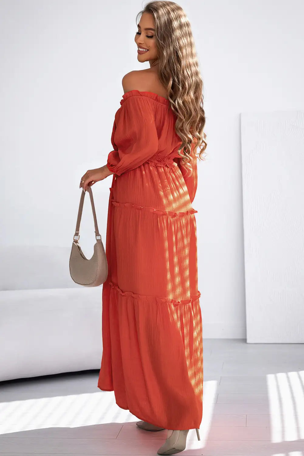 stunning orange balloon sleeve maxi dress