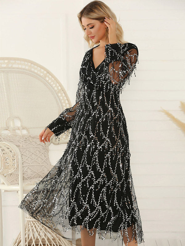 Party Dresses Sequins Backless V-Neck Long Sleeves Lace Up Midi Dress