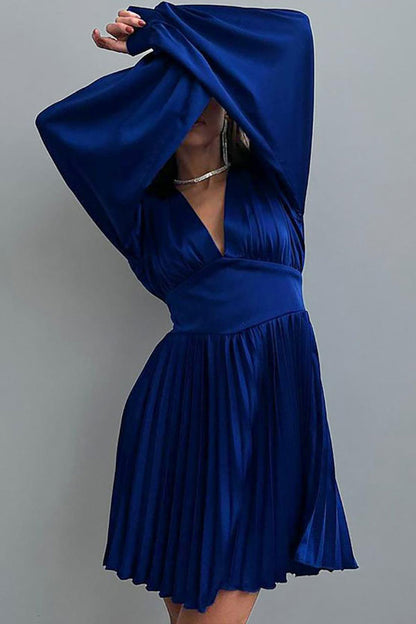Trendy V-neck Balloon Sleeve Pleated Mini Dress