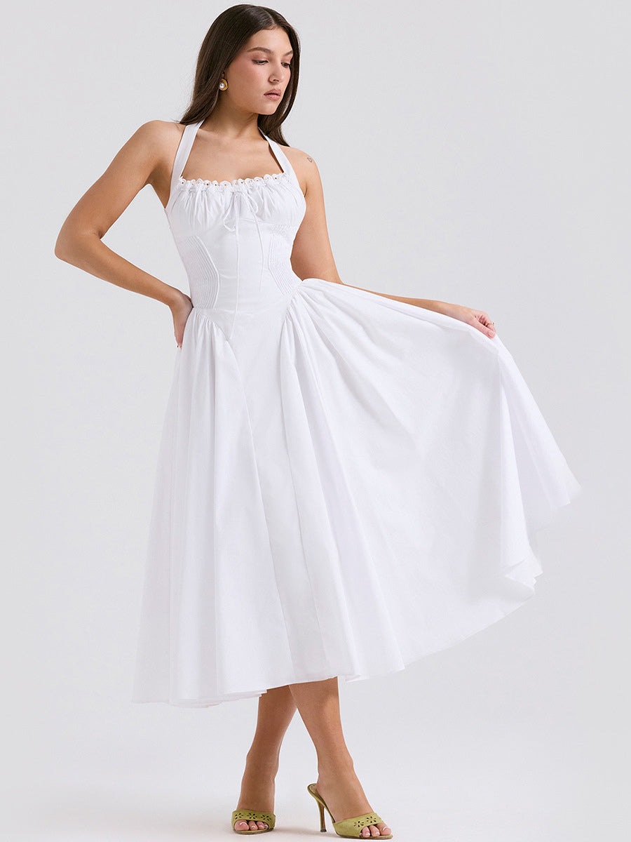Corset Dress Halter Eyelet trim Lace Up Front Pleated Party Midi Dresses