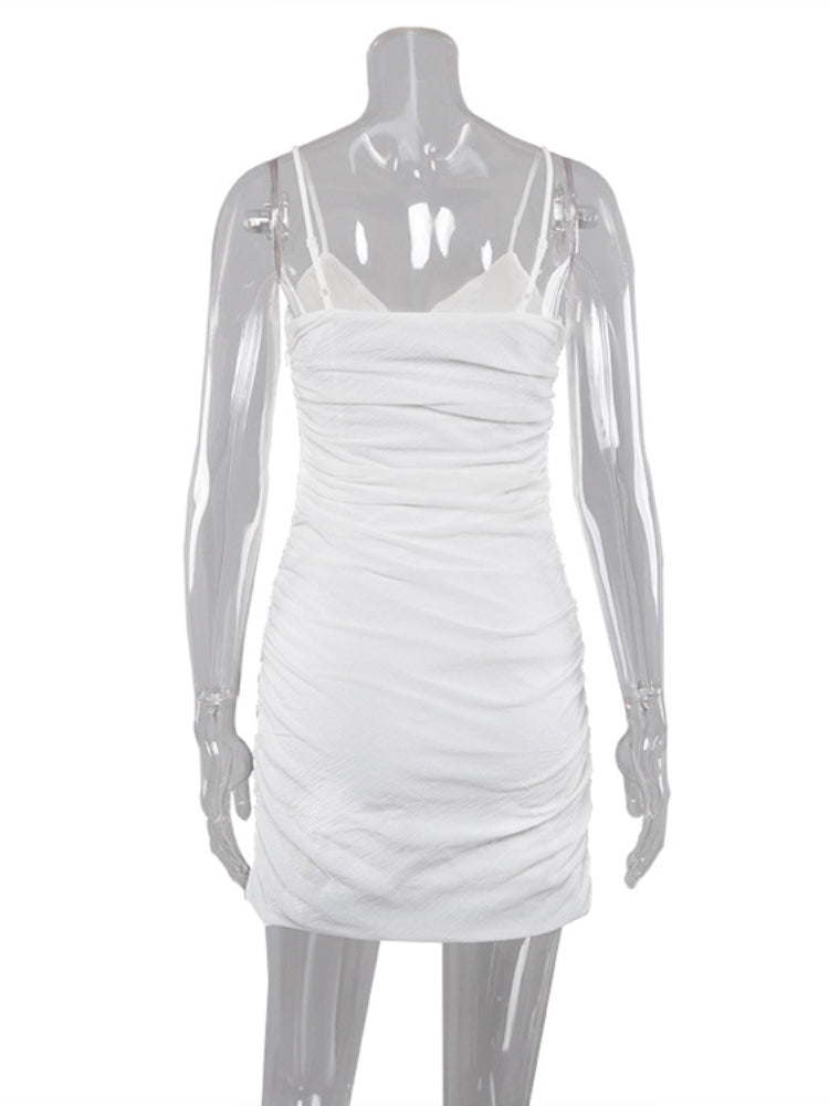TARUXY Folds V Neck Dress Women Summer 2024 New White Slim Sleeveless Mini Dresses Female Street Casual Sexy Sheath Dress Ladies