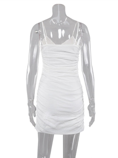 TARUXY Folds V Neck Dress Women Summer 2024 New White Slim Sleeveless Mini Dresses Female Street Casual Sexy Sheath Dress Ladies