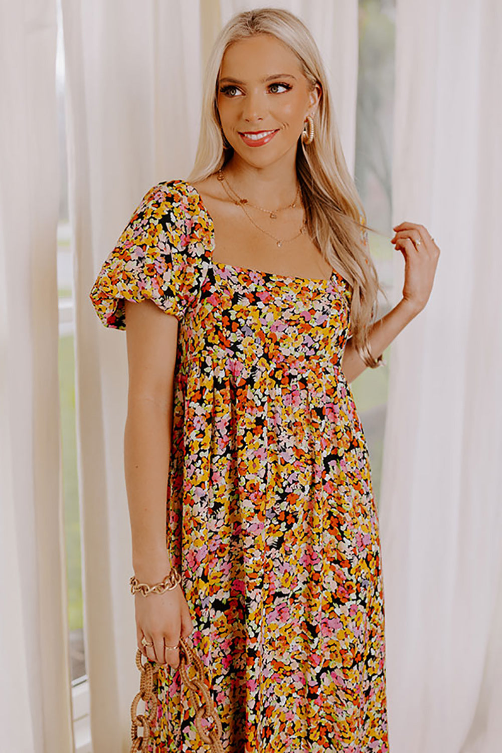 Yellow Puff Sleeve Square Neck Open Back Floral Midi Dress