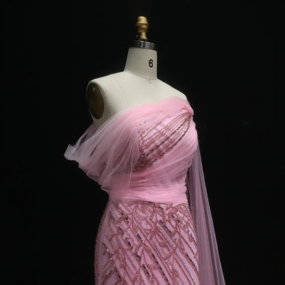 Off-Shoulder Flowing Cape Sleeves High Slit Prom Dress