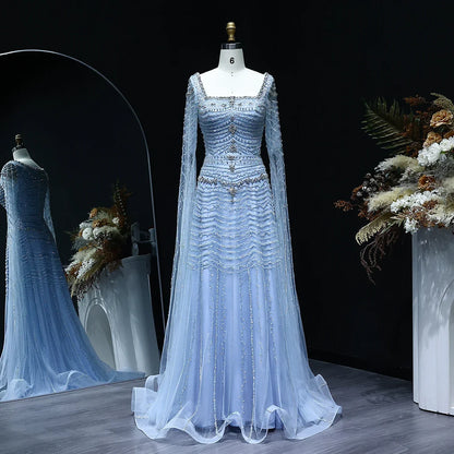 Blue Nude Evening Dress with Cape Sleeves