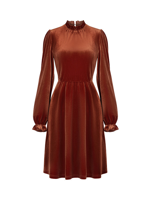 A-Line High Waisted Hollow Ruffled Solid Color Velvet Mock Neck Mini Dresses