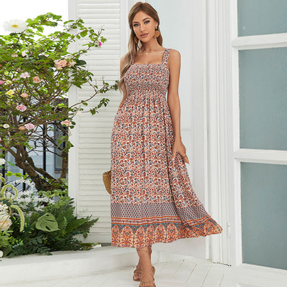 Beach Flower Print Maxi Dress in Apricot Green Navy