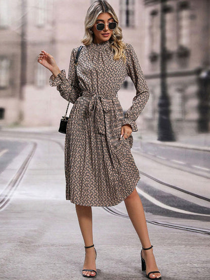 Allover Printed Dress Long Sleeves Ruffles Trim Day Midi Dresses