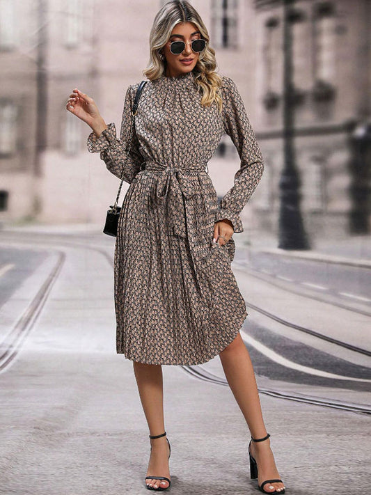 Allover Printed Dress Long Sleeves Ruffles Trim Day Midi Dresses