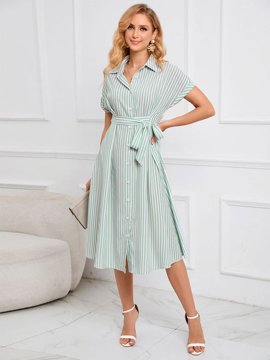 Shirt Midi Dress Light Green Turndown Collar Buttons Short Sleeves Stripes Dress
