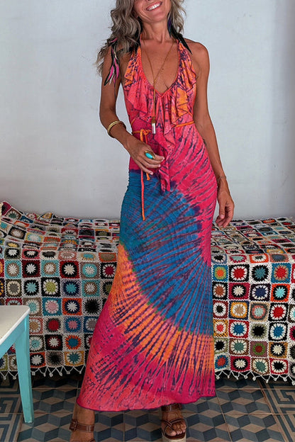 Ruffle Trim Halter Lace-up Backless Tie Dye Maxi Dress