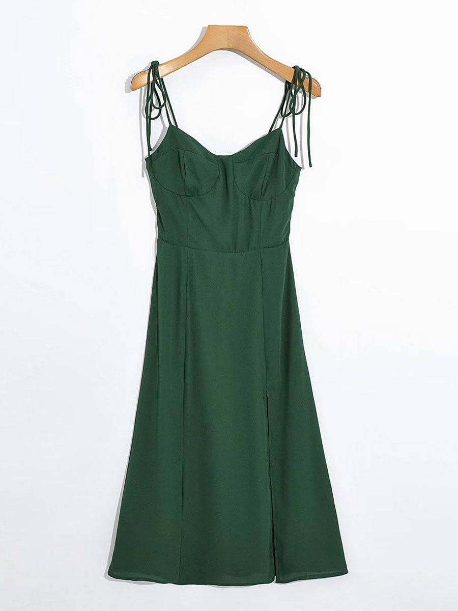 Summer Midi Dress Green Straps Neck Split Front Beach Dress