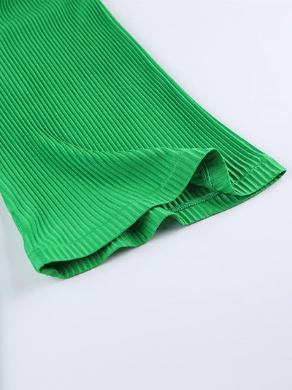 A-line Flared Sleeves High-Waisted Pleated Solid Color Zipper Round-neck Mini Dresses