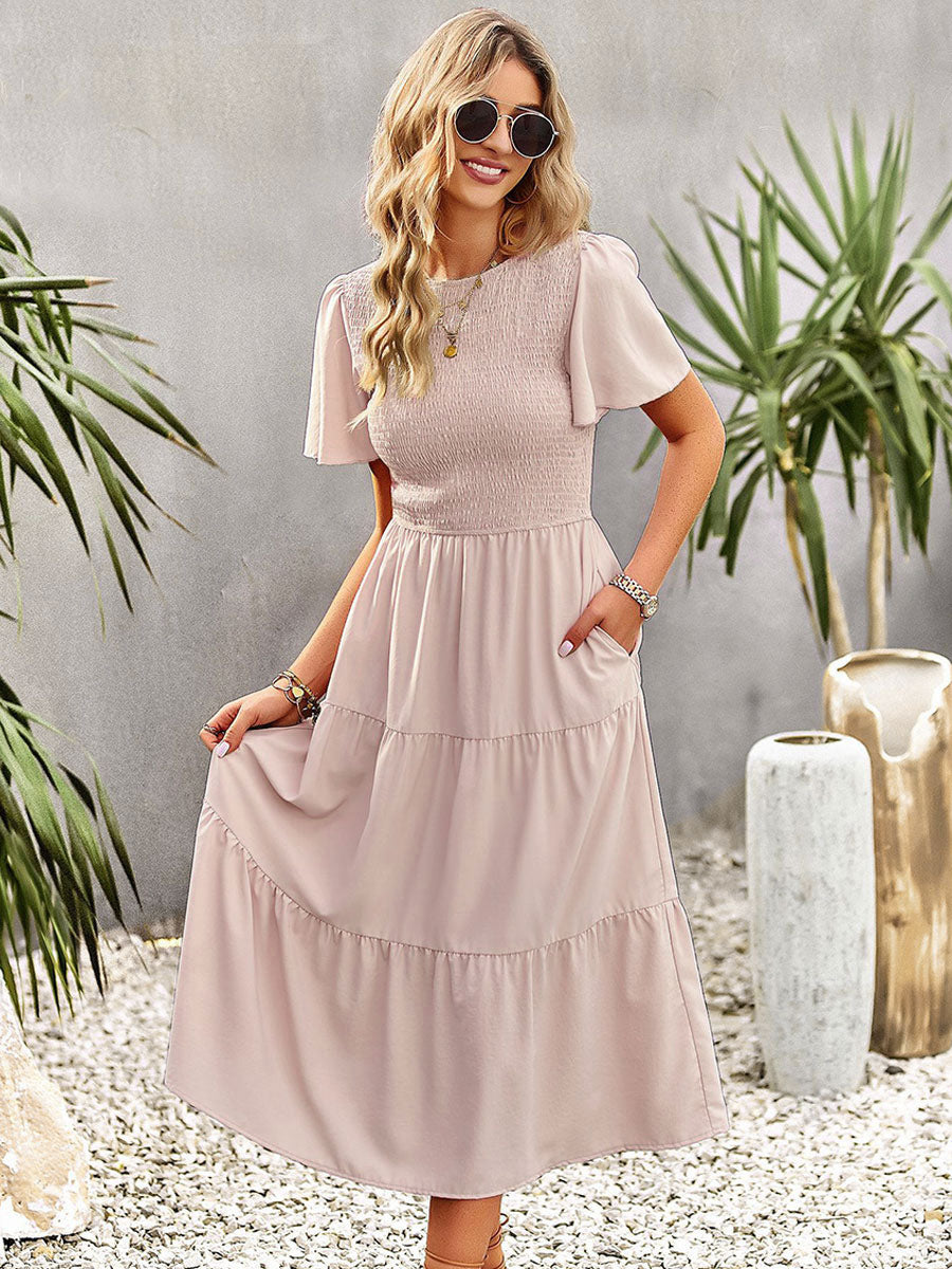 Casual Jewel Neck Short Sleeves Midi Dress
