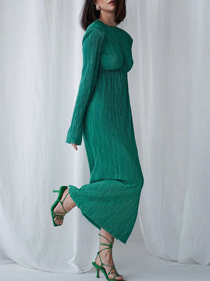 A-Line High Waisted Backless Hollow Pleated Solid Color Round-Neck Midi Dresses