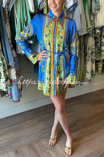Katia Satin Unique Print Shaped Collar Tie-up Waist Shirt Mini Dress