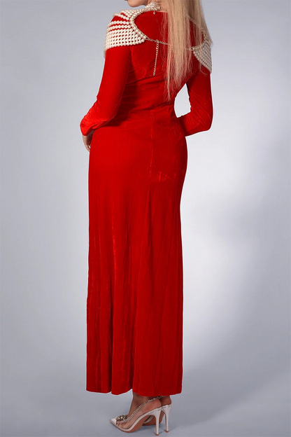 Faux Pearl Velvet High Slit Midi Dress