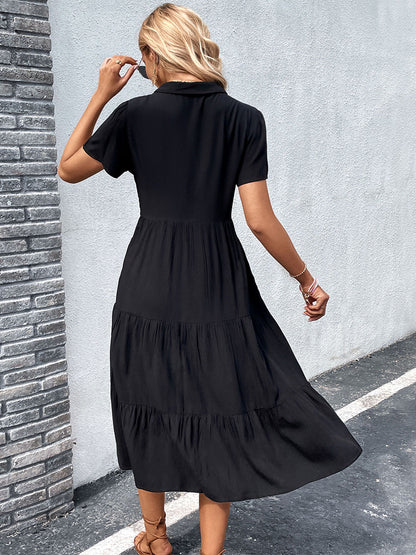 Buttons Casual V-Neck Short Sleeves Midi Dress