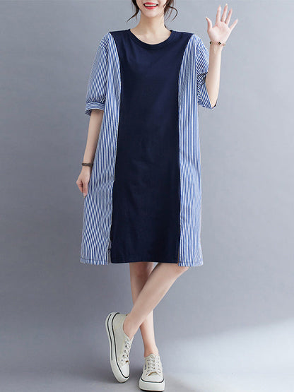 Loose Short Sleeves Split-Joint Striped Round-Neck Midi Dresses