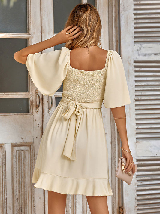 Mini Dresses Apricot Short Sleeves Lace Up Short Dress
