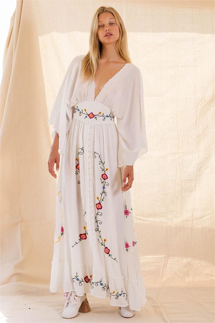 Floral Embroidered V-Neck Midi Dress