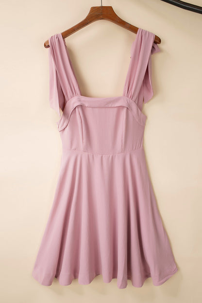 Pink Knotted Strap Square Neck High Waist Mini Dress