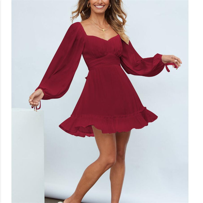 Ruffle Long Sleeve Square Collar Mini Dress in Multiple Colors