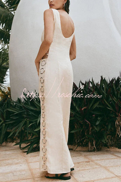 Glimmer of Hope Linen Blend Unique Print Side Hollow Ring Design Maxi Dress