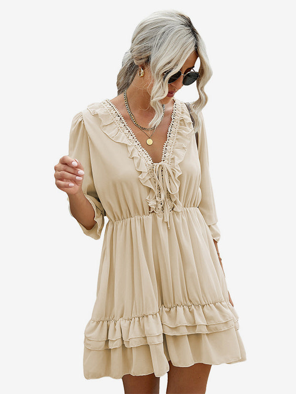 Shirt Dresses Black V-Neck Lace Long Sleeves Polyester Dresses Mini Dresses