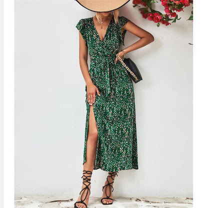 Stylish V-Neck Split Print Maxi Dress Available in Colors