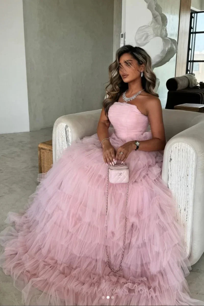 Pink Hand-pleated Tulle Multi-layer Prom Dresses