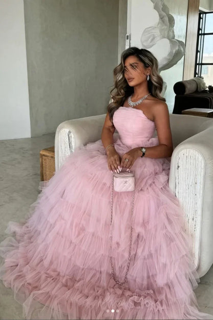 Pink Hand-pleated Tulle Multi-layer Prom Dresses