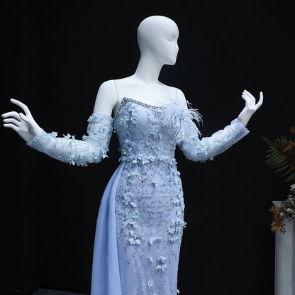 3D Flowers Feathers Mermaid Evening Dress with Sleeves