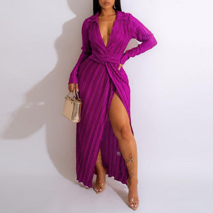 Elegant Long Sleeve Split Maxi Dress