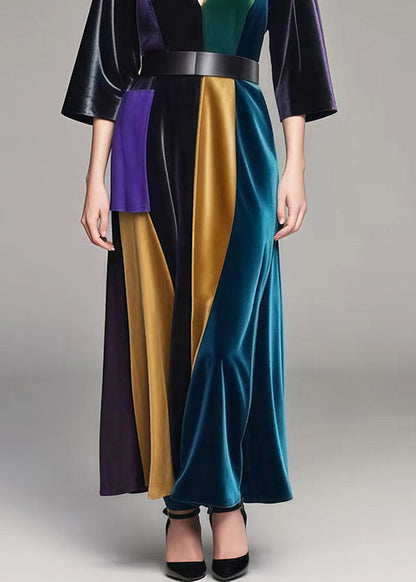 Style Colorblock V Neck Patchwork Silk Velvet Maxi Dresses Spring
