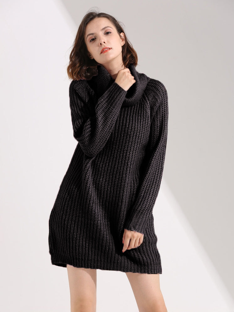 Slouchy Knitted Dress Turtleneck Long Sleeves Ribbed Cuff Mini Dresses