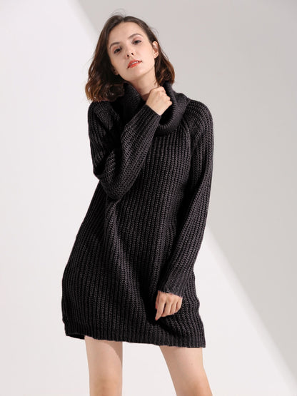 Slouchy Knitted Dress Turtleneck Long Sleeves Ribbed Cuff Mini Dresses