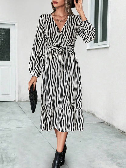 Women's Long Sleeve V Neck Midi Dress with Belt