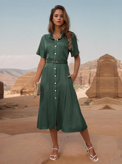 Shirt Dress Short Sleeves Belted Ring Details Buttons Midi Dresses