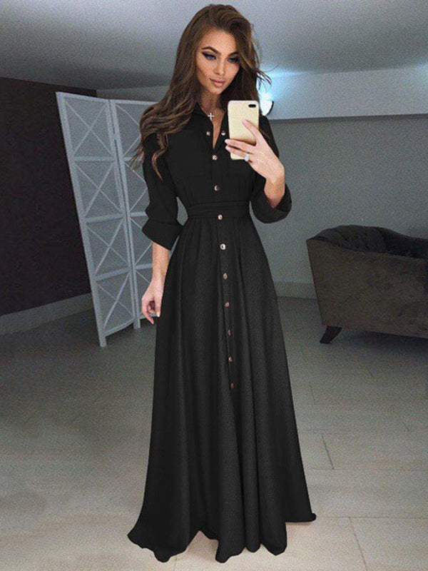 Women Maxi Dresses High Rise Stand Collar Buttons Long Sleeves Floor Length Shirt Dress