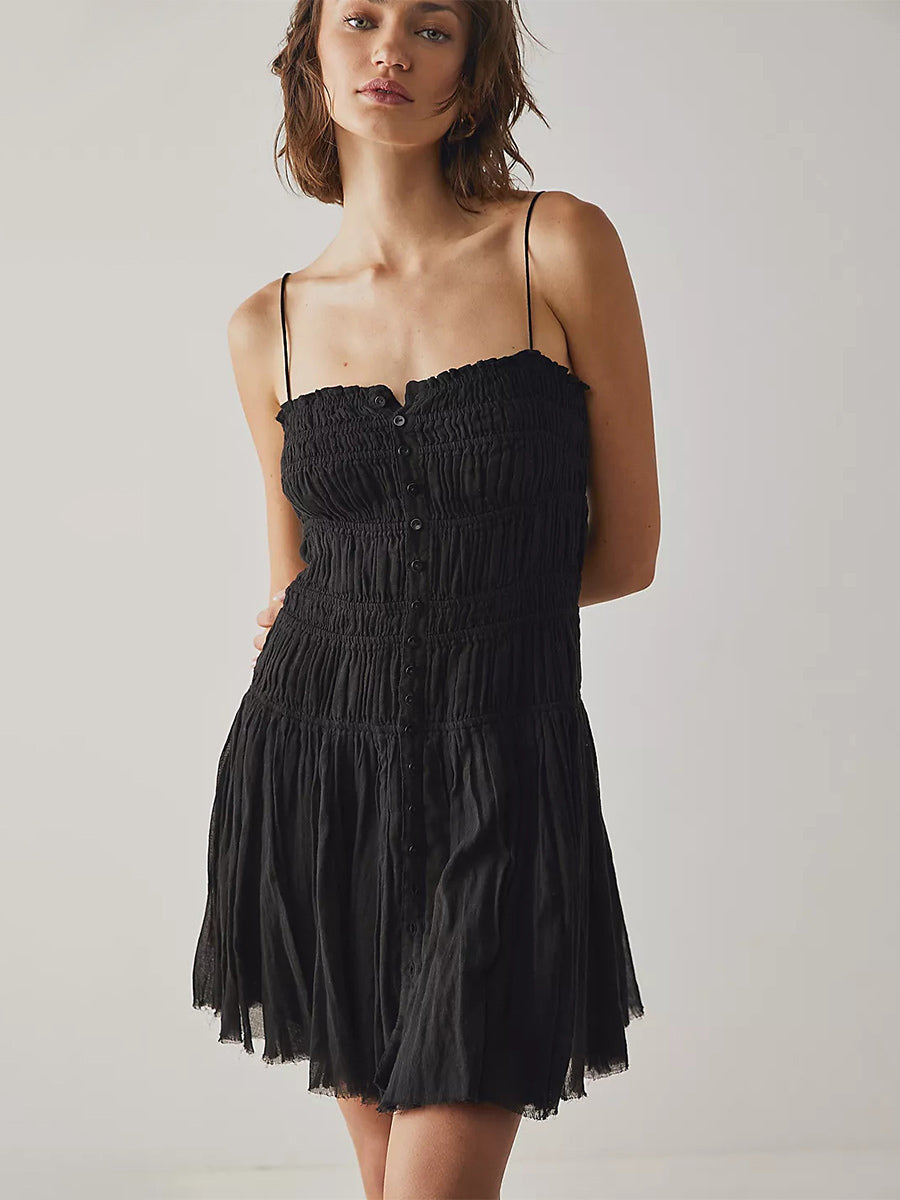 Summer Dress Mini Dresses White Straps Neck Buttons Polyester Beach Dress