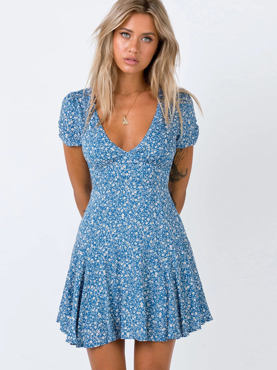 Boho Dress V-Neck Short Sleeves Floral Print Summer Midi Dress
