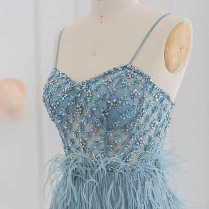 Feathers Spaghetti Straps Side Slit Prom Dress